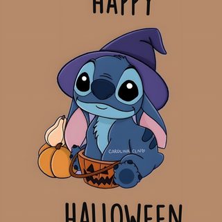 a cartoon character wearing a witches hat and holding a pumpkin with the words happy halloween on it Stitch Halloween Costume Toothless And Stitch, Cameron Boyce Descendants, Lilo And Stitch Merchandise, rosy brown