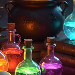 there are many different colored flasks and books on the table next to each other Halloween Potion Witchy, Season 3, Tarot Cards, Witch, dark slate gray