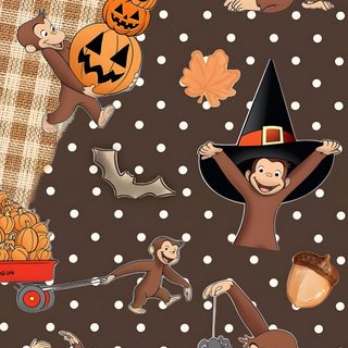 monkeys and pumpkins on a brown background Curious George Halloween dark slate gray