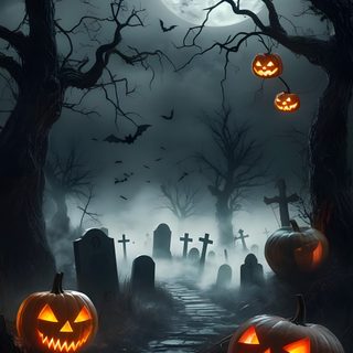 halloween pumpkins on the ground in front of a cemetery at night with full moon Full Moon Halloween Halloween Images, Beautiful Posters, Halloween Backgrounds, dark slate gray