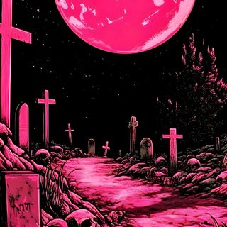 a pink moon over a cemetery with skulls on the ground Dark Pink Halloween Pink Scary, Horror Aesthetic Pink, Pink Horror Background, Pink Spooky Iphone, maroon