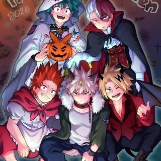 some anime characters with pumpkins and witches on their heads in front of an orange background Cute Mha Halloween dim gray