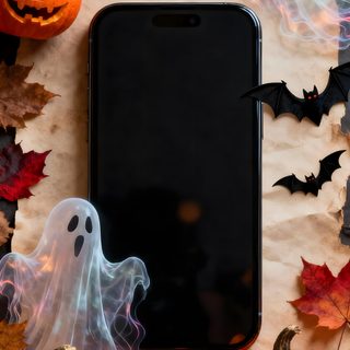 a cell phone sitting on top of a table next to pumpkins and ghost heads Modern Smartphone With Halloween Glow Pumpkin, Creative Poster Design, Creative Posters, saddle brown