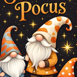 two gnomes sitting on top of pumpkins with the words hoccus pocus Halloween Gnome Ideas Fall Backgrounds Iphone, Gnome, Happy Halloween Pictures, dark olive green