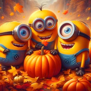 three minion characters sitting on top of pumpkins in the fall leaves, surrounded by falling leaves Minion Halloween Desktop Minions Thanksgiving, Pictures Of Minion Pumpkins, Minion Thanksgiving, brown