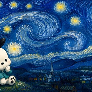 a painting of a white teddy bear sitting in front of a starry night sky Pochacco Halloween midnight blue