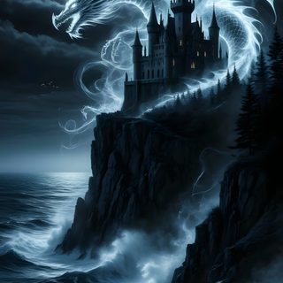 a dragon flying over a castle on top of a cliff in the ocean at night Halloween Dragon Dragons Hd, Dragon Photo, Mythical Dragon Art, Dragons And Castles, dark slate gray