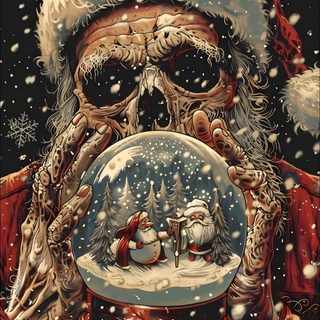 a painting of santa claus looking through a snow globe Halloween Santa Claus Creepy Christmas, Winter Skeleton, Skeleton In Snow, Skeleton Santa, dark olive green