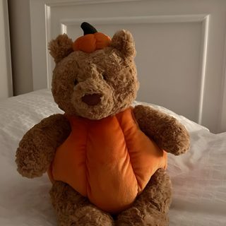 a brown teddy bear sitting on top of a bed Jellycat Halloween Jellycat Plushies, Cutest Jellycats, Pumpkin Teddy Bear Jellycat, Jelly Cat, gray