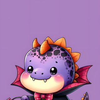 a purple background with a cute little dragon holding a pumpkin and wearing a black cape Cute Halloween Dinosaur Cute Dinosaur Halloween Costume, Halloween Dinosaur Illustration, Halloween Party Decoration Ideas, medium purple