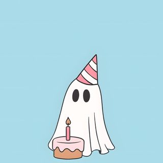 a cartoon ghost with a birthday cake on it's face and wearing a party hat Cute Halloween Birthday Spooky Birthday Aesthetic, Ghost Party Drawing, Party Ghost, light blue