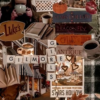 a collage of photos with signs, coffee mugs and other things in the background Halloween Gilmore Tv Shows Aesthetic, Giomore Girls, Fall Posters Aesthetic, dark olive green