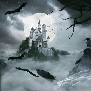a castle in the sky with bats flying around Halloween Live Pc Werewolf Castle, Night Sky Hd, Spooky Castle With Clouds, slate gray