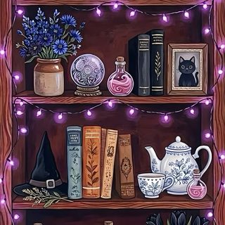 a painting of books and other items on a shelf with purple lights around the shelves Halloween Bookshelf Iphone dark slate gray