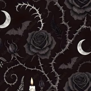 a black and white wallpaper with candles, roses, leaves and bats on it Gothic Halloween Pattern In Black And black