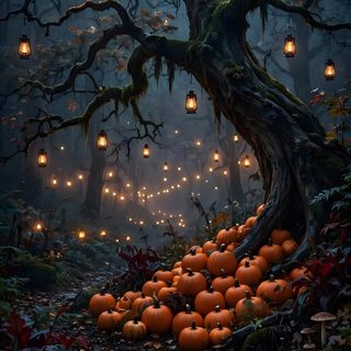 a tree with many lights hanging from it's branches and pumpkins on the ground Halloween Tree black