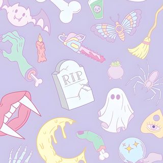 a purple background with lots of different halloween items on top of each other, including pumpkins and ghost heads Pastel Halloween Phone Pink And Purple Halloween, Halloween Cute Aesthetic, Spooky Pastel Aesthetic, thistle