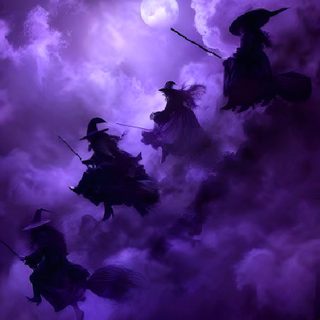 three witches riding on horses in front of a full moon with purple clouds behind them Halloween Purple Witch Halloween Pictures Purple, Purple Witches Text On Dark Background, Merlin Wizard Halloween Rainbow Purple, midnight blue