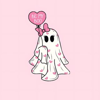 a cartoon ghost holding a heart shaped balloon Pink Bow Halloween Pastel, Ghost And Bows, Cute Pink Halloween Phone Background, misty rose