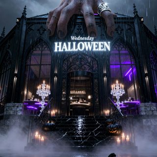 a halloween scene with a giant hand on top of a building Wednesday Halloween Halloween Business Marketing Ideas, Halloween Event Poster, Party Design Poster, dark slate gray