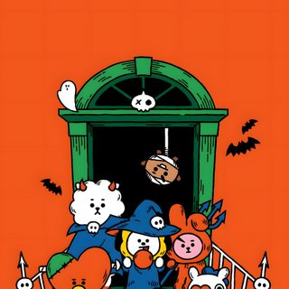 an image of cartoon characters in front of a door with the words who's there? Bt21 Halloween Bt21 Pumpkin Painting, Bt21 Fall, Bt21 Thanksgiving, Bt21 Halloween, Bt21 Pumpkin, chocolate