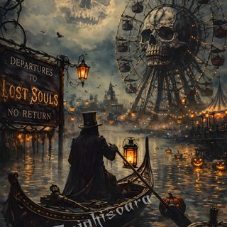 a painting of a man in a boat on the water Halloween Steampunk Halloween Artwork, Literature, Halloween, dark slate gray