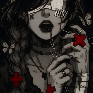 a woman with crosses on her face holding scissors Halloween Girl Bandage, Creepy Cool, Character, Edgy, Emo Art, Akali League Of Legends, black
