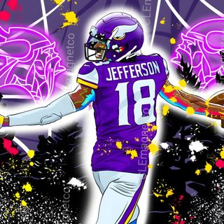 a painting of a football player in purple and yellow Justin Jefferson Halloween Justin Jefferson Fan Art, Justin Jefferson Art, Justin Jefferson Drawing, dark slate blue