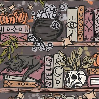 a shelf with books and pumpkins on it Halloween Book Spooky Fall Phone, Ipad Spooky, Spooky Themed Phone Background, dim gray