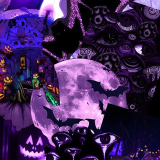 an image of halloween themed items in purple and black colors with the moon behind them Purple Edgy Aesthetic Halloween midnight blue
