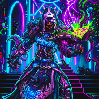 a digital painting of a person with neon lights on their face and arms, standing in front of stairs World Of Warcraft Halloween midnight blue