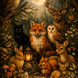 a painting of many animals in the woods with a full moon behind them and an owl sitting on top of another animal Halloween Forest Animals Noctural Animals, Night Time Animals, Forest Animals Together, maroon