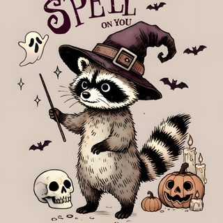 a raccoon wearing a witches hat and holding a broom with skulls on it Halloween Raccoon Cute Spooky Iphone, Halloween Phone Backgrounds Fall, Cute Halloween Phone Backgrounds, light gray