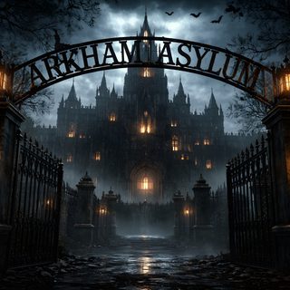 the entrance to arkham asymum is lit up in front of a castle Arkham Halloween Arkham Asylum, Arkham Asylum Tattoo, Arkum Asylum, Joker Arkham, Batman Arkham Asylum, black