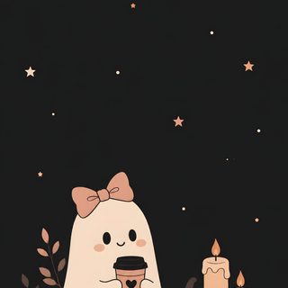 a cartoon ghost with pumpkins and candles in the dark night sky, holding a cup Halloween Home Screen Peach Color Palettes, Halloween Magic, Candle Glow, Cute Bows, Halloween Ghosts, black