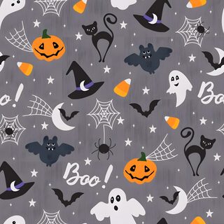 halloween seamless background with pumpkins, bats and ghost heads on grey fabric by the yard Halloween Themed For Kids Halloween Candy For Walls, Halloween Ghost Pattern, Haunted House Paper Pack, gray