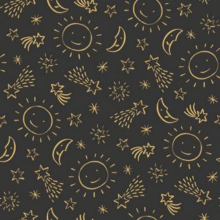 the sun, moon and stars are drawn in gold on a black background Halloween Sun Pattern Celestial Halloween, Fall Celestial, Halloween Star, dark slate gray