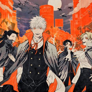 an image of some anime characters in front of a cityscape with birds flying overhead Jujustu Kaisen Halloween 1920x1080 Megumi Halloween, Jujutsu Kaisen Official Art Manga, Jujutsu Kaisen Halloween, sienna