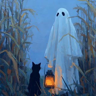 a painting of two cats sitting in front of a white ghost with a lantern on it Aesthetic Cute Halloween Blue Halloween Aesthetic Cute, Halloween Time, Halloween Illustration Art, slate gray