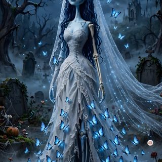 a corpse bride with blue butterflies on her dress and veil, standing in the woods Halloween Corpse Bride dark slate gray