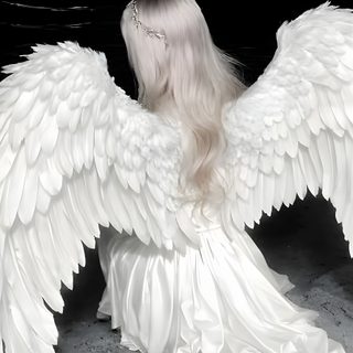 an angel with white hair sitting on the ground Halloween Angel Angel Lockscreen, Angelcore, Dark Angelcore, Long White Hair, White Angel Wings, dark gray