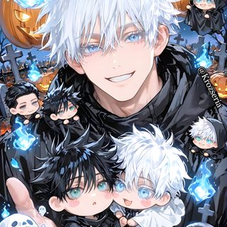 an anime character with white hair and blue eyes is holding two children in his arms Jjk Halloween Gojo And Cat, Phone Themes, Black, Jujutsu, Anime Boy, Tokyo, gray