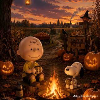 peanuts sitting in front of a campfire with pumpkins and jack - o'- lanterns Charlie Brown Halloween maroon