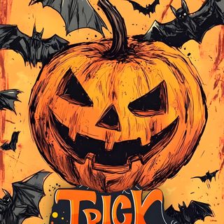 a pumpkin with bats around it and the words trick or treat Large Scale Halloween Trick Or Treats Halloween Spooktacular, Halloween Clips, Halloween Inspo, peru