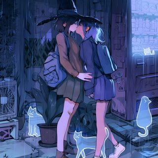 two people are kissing in the rain under an umbrella with cats on it and one is wearing a witch's hat Sapphic Halloween Witch Kiss, Spooky Lesbian, 2 Witches Art, Two Witches Art, dark slate blue