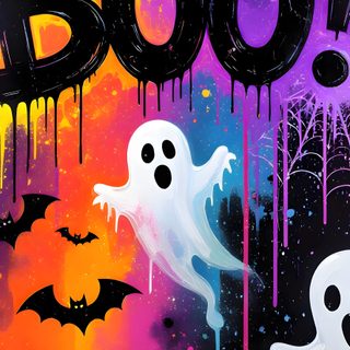 the word boo spelled out with spooky bats and ghost faces in front of a colorful background Halloween Liquid Boo Printable And Halloween Cute, Halloween Colors, Neon Halloween Art, dark slate gray