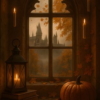 a pumpkin sitting on top of a pile of books next to a window filled with candles Harry Potter Halloween Iphone Fall Aesthetic Ipad, Harry Potter Halloween Aesthetic, Halloween Hogwarts, black