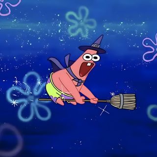 a cartoon character on a broom flying through the air Spongebob Halloween Images Pop Art, Spongebob Funny Pictures, Spongebob Pics, Images Emoji, midnight blue