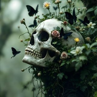 a human skull with flowers and butterflies on it's head is surrounded by greenery Cute Halloween Skull Skull Wall, Skull With Flower, Phone Dark Aesthetic, Skull, dark slate gray
