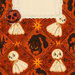 an image of a halloween card with ghost and pumpkins Johanna Parker Halloween Vintage Halloween Lockscreen, Halloween Iphone Backgrounds, Halloween Cute, firebrick